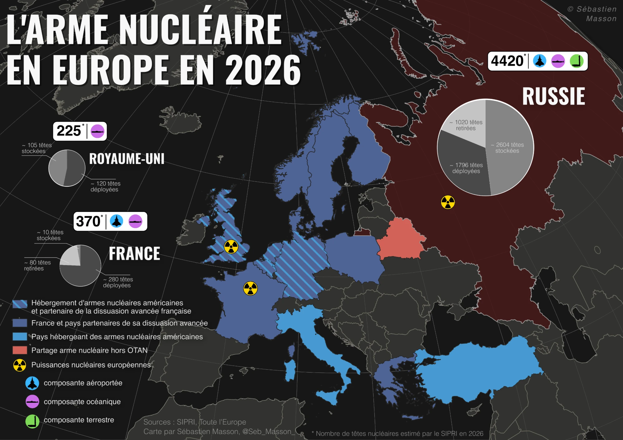 Carte de l'Europe avec les arsenaux nucléaires par pays, la répartition têtes déployées / stockées / retirées et les pays partenaires.