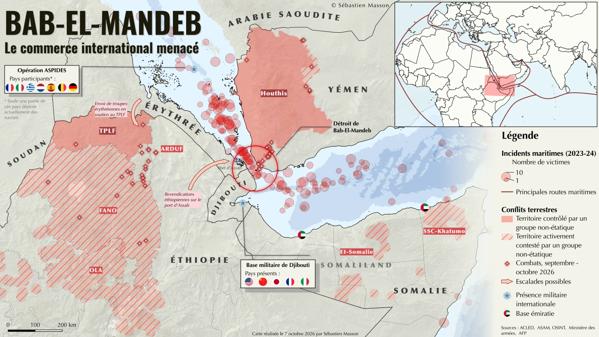 Carte de la mer Rouge et du golfe d'Aden avec les incidents maritimes, les routes commerciales et les conflits terrestres en Éthiopie, au Yémen et en Somalie.