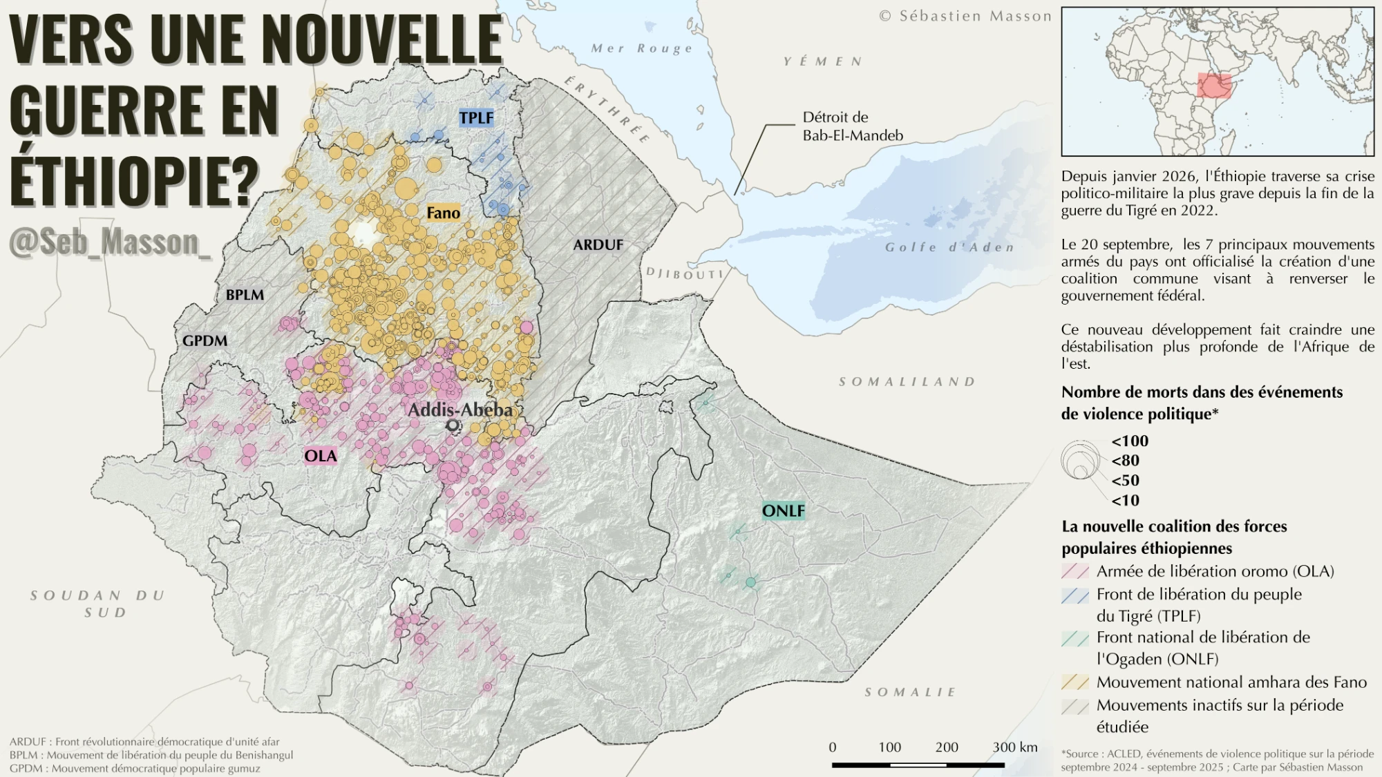Carte de l'Éthiopie montrant les zones d'activité des mouvements armés et le nombre de morts par événement de violence politique.