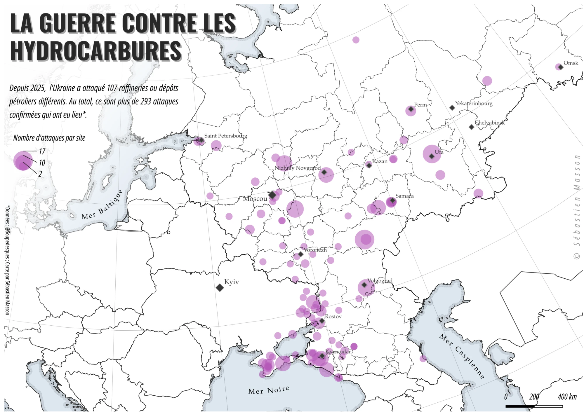 Carte de la Russie d'Europe avec des cercles proportionnels au nombre d'attaques par site pétrolier.