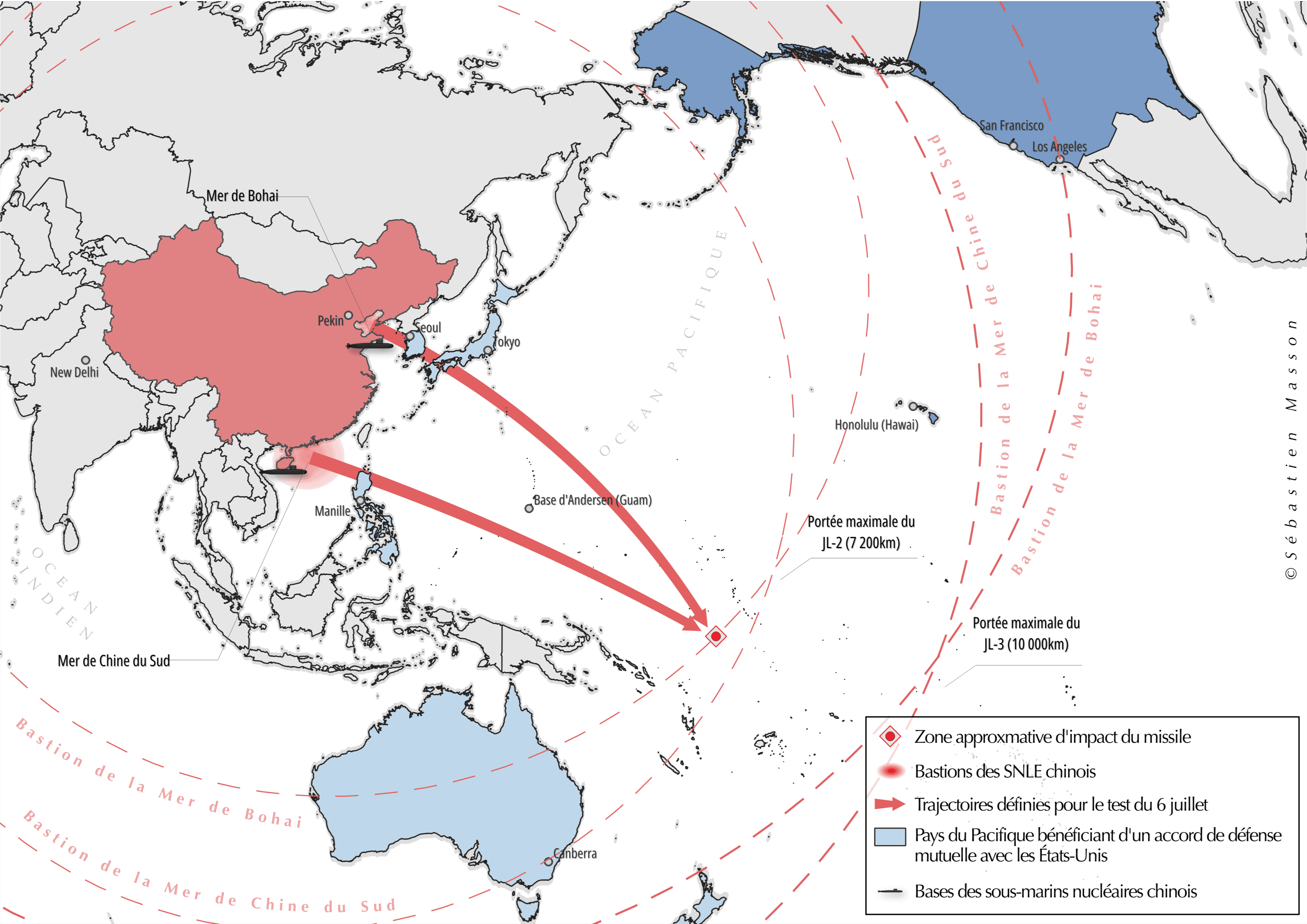 Carte du tir du JL-2 chinois depuis les bastions des sous-marins nucléaires de la mer de Bohai et de la mer de Chine du Sud