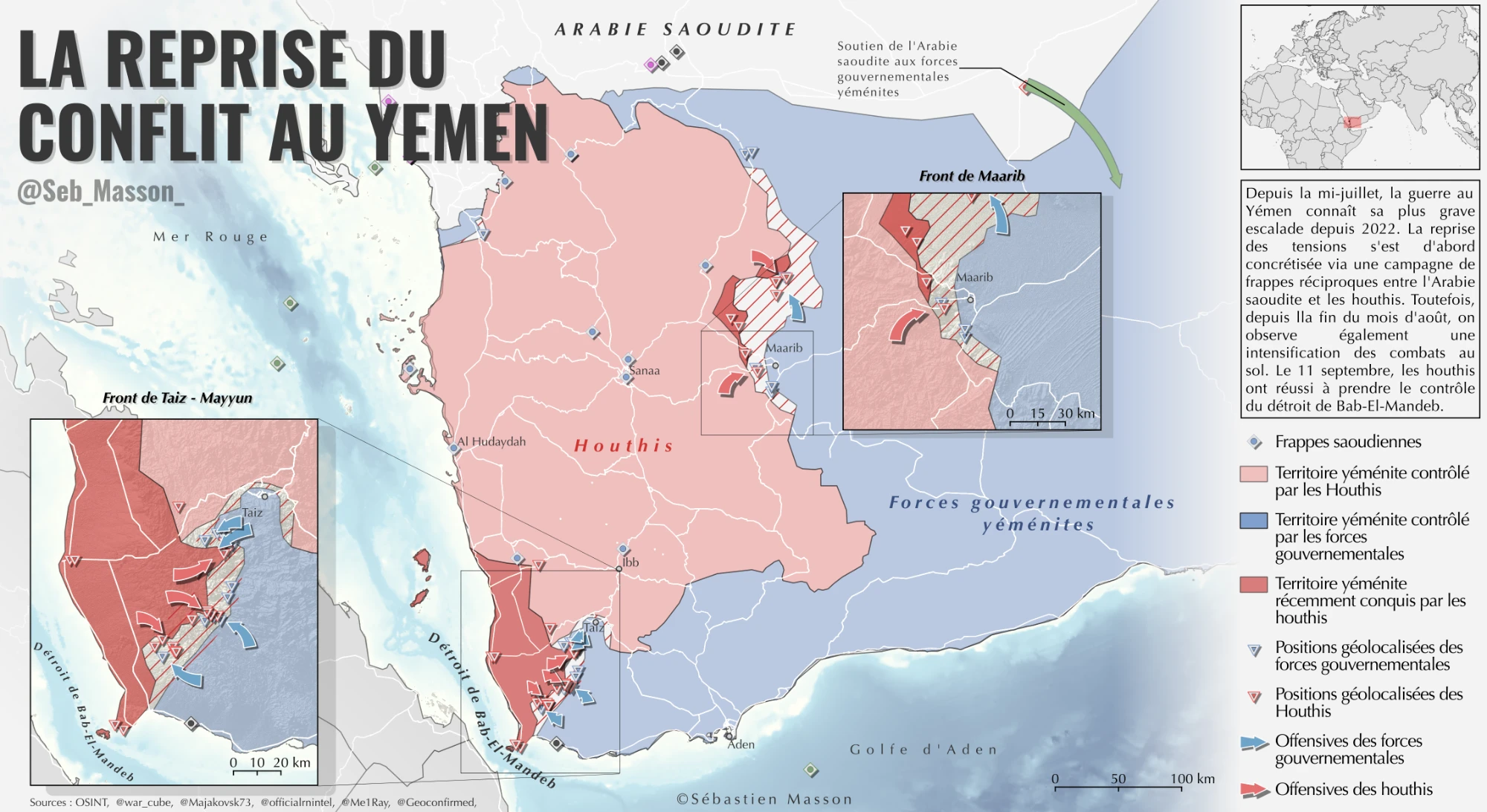 Carte du Yémen avec les territoires contrôlés par les Houthis et par les forces gouvernementales, deux zooms sur les fronts de Maarib et de Taïz.